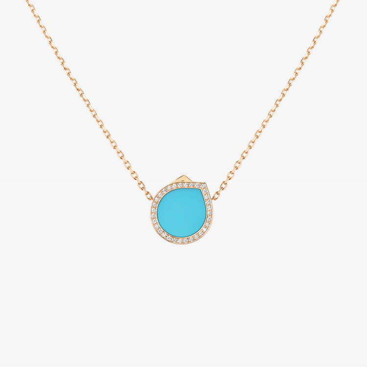 Pendant in pink gold 18 carat paved with diamonds with a Turquoise stone